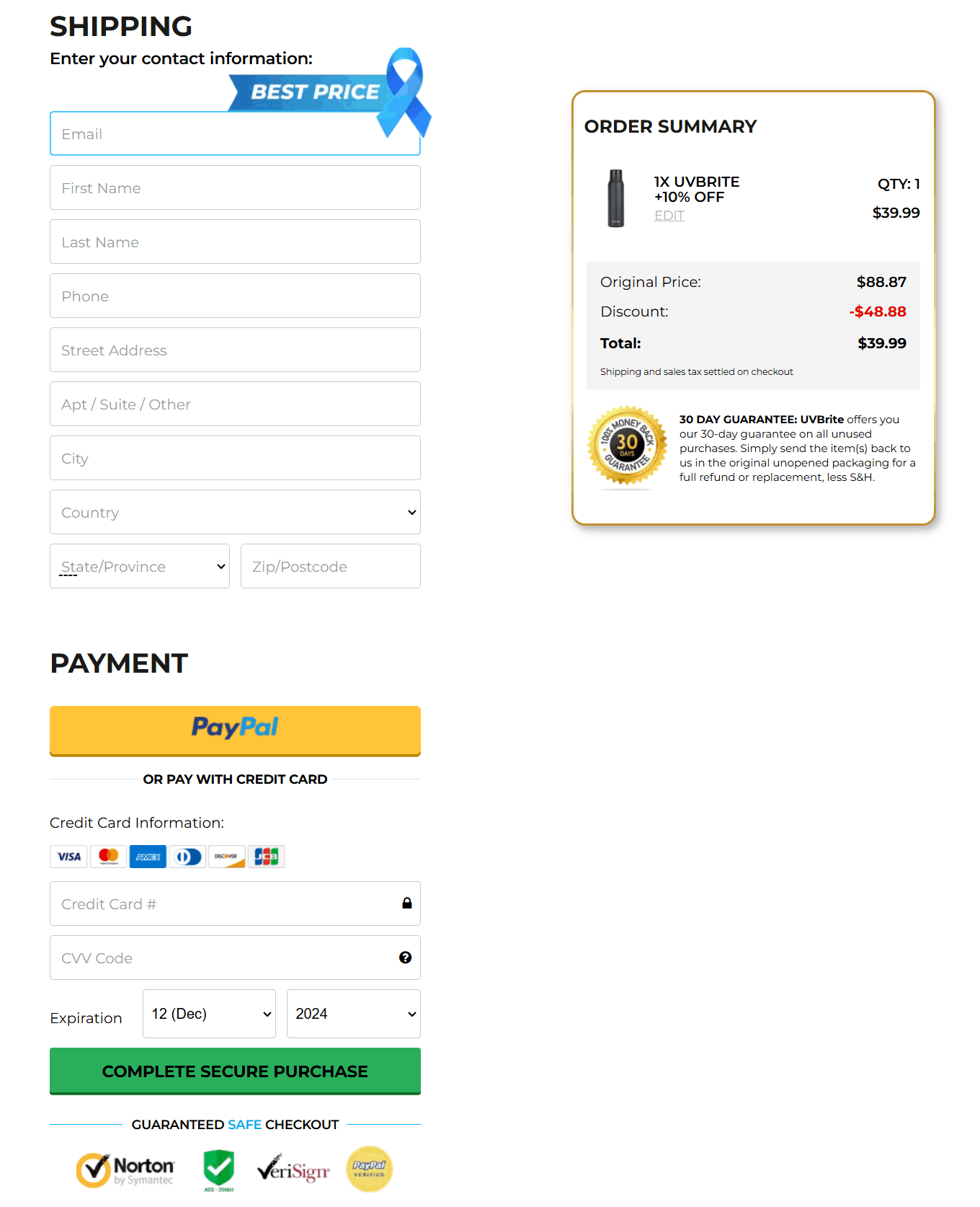 UVBrite checkout page